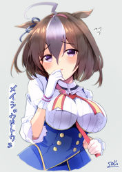 Rule 34 | 1girl, ahoge, blue skirt, breasts, brown hair, center frills, commentary request, cropped torso, flying sweatdrops, frills, gloves, grey background, grey hair, hairband, hand up, large breasts, long sleeves, looking at viewer, meisho doto (umamusume), multicolored hair, parted lips, pink hairband, shirt, simple background, skirt, solo, sou (soutennkouchi), translation request, two-tone hair, umamusume, underbust, upper body, white gloves, white shirt