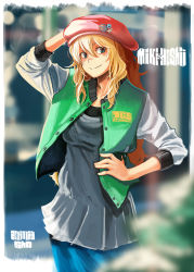 Rule 34 | 10s, 1girl, 2014, arm up, badge, beret, blonde hair, blue eyes, blurry, button badge, character name, cowboy shot, dated, depth of field, dress, hair between eyes, hand on own hip, hand on own head, hat, hoshii miki, idolmaster, idolmaster (classic), jacket, long hair, looking at viewer, mozuk, open clothes, open jacket, pentagram, smile, solo, standing