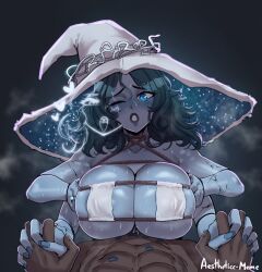 Rule 34 | 1girl, aestheticc-meme, ahegao, artist name, bikini, black background, blue eyes, blue hair, blue lips, blue nails, blue skin, breasts, cleavage, collarbone, colored skin, commentary, cracked skin, dark-skinned male, dark skin, doll joints, elden ring, english commentary, extra arms, extra faces, eyepatch bikini, glowing, glowing eye, hand on own chest, hat, heart, heart-shaped pupils, hetero, highres, holding hands, jewelry, joints, large breasts, large hat, lipstick mark, lipstick mark on stomach, long hair, looking at viewer, one eye closed, paizuri, pov, pov hands, ranni the witch, ring, simple background, solo focus, steaming body, sweat, nervous sweating, swimsuit, symbol-shaped pupils, tongue, wedding ring, white headwear, witch, witch hat