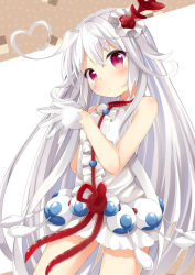 Rule 34 | 10s, 1girl, ahoge, bare shoulders, blush, buttons, choko (last period), dress, frills, gloves, hair ornament, heart, heart ahoge, last period, long hair, looking at viewer, maccha, ornate clothing, red eyes, sleeveless, sleeveless dress, solo, very long hair, white dress, white gloves, white hair