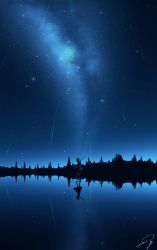 Rule 34 | 1girl, arms up, blue theme, fantasy, highres, medium hair, milky way, monochrome, nengoro, night, night sky, original, outdoors, outstretched arms, reflection, scenery, shooting star, signature, silhouette, sky, standing, star (sky), starry sky, tree