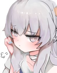 Rule 34 | 1girl, :t, arm support, bad id, bad pixiv id, bandaged neck, bandages, blue nails, blush, closed mouth, collarbone, commentary request, dokomon, fingernails, girls&#039; frontline, grey eyes, grey hair, hair between eyes, hand up, highres, korean commentary, long hair, looking at viewer, nail polish, pout, ribeyrolles (girls&#039; frontline), shirt, short sleeves, sigh, simple background, sketch, solo, upper body, white background, white shirt