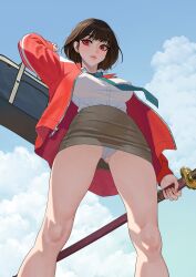 Rule 34 | 1girl, bag, blue sky, breasts, brown hair, brown skirt, cloud, collared shirt, day, dress shirt, feet out of frame, fingernails, from below, green necktie, highres, holding, holding bag, holding sheath, hongcasso, jacket, katana, large breasts, light blush, long sleeves, looking at viewer, looking down, nail polish, necktie, open clothes, open jacket, oran (hongcasso), original, outdoors, panties, pantyshot, parted lips, pencil skirt, pink nails, red eyes, red jacket, school bag, sheath, sheathed, shirt, shirt tucked in, short hair, skirt, sky, solo, standing, sword, teeth, underwear, upskirt, weapon, white panties, white shirt, zipper, zipper pull tab