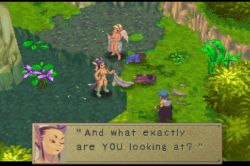 Rule 34 | 1boy, 2girls, animated, animated gif, black hair, blonde hair, blue hair, breasts, breath of fire, breath of fire iv, capcom, fake screenshot, multiple girls, nature, nina (breath of fire iv), nude, pixel art, ryuu (breath of fire iv), ursula (breath of fire), water, wings