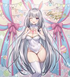 Rule 34 | 1girl, ;d, animal ears, bare shoulders, blue eyes, breasts, cleavage, covered navel, detached sleeves, easter, grey hair, heart, heart hands, highres, hoshizuki lunna, indie virtual youtuber, large breasts, leotard, long hair, looking at viewer, mirukurim, mole, mole under eye, one eye closed, open mouth, playboy bunny, rabbit ears, ribbon, smile, thank you, thighhighs, thighs, very long hair, virtual youtuber, white leotard, white sleeves, white thighhighs