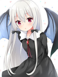 Rule 34 | 10s, 1girl, :o, arms behind back, bat wings, black dress, blue wings, blush, collared dress, commentary request, dress, hair between eyes, hair ornament, leaning forward, long hair, looking at viewer, maccha, parted lips, red eyes, silver hair, solo, sophie twilight, tonari no kyuuketsuki-san, very long hair, white background, wings