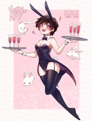 Rule 34 | 1girl, animal ears, artist name, black bow, black bowtie, black dress, black leotard, black thighhighs, bow, bowtie, breasts, brown hair, champagne flute, chinese zodiac, cleavage, commentary, cup, detached collar, dress, drinking glass, earrings, fake animal ears, fake tail, full body, garter straps, highres, holding, holding tray, jewelry, leotard, nontraditional playboy bunny, open mouth, original, pan (panqlao), panqlao, pink eyes, rabbit, rabbit ears, rabbit tail, short hair, small breasts, smile, solo, stud earrings, symbol-only commentary, tail, thighhighs, traditional bowtie, tray, wrist cuffs, year of the rabbit