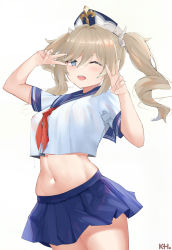 Rule 34 | 1girl, ;d, absurdres, alternate costume, barbara (genshin impact), blonde hair, blue eyes, blue sailor collar, blue skirt, breasts, contemporary, covered erect nipples, cowboy shot, double v, drill hair, genshin impact, hat, highres, kebohan, looking at viewer, midriff, miniskirt, navel, one eye closed, open mouth, pleated skirt, sailor collar, school uniform, short sleeves, skirt, smile, solo, standing, stomach, twin drills, twintails, v