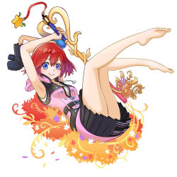 Rule 34 | 1girl, :&gt;, autumn leaves, bakumon26, bare legs, barefoot, blue eyes, closed mouth, feet, flower, highres, jewelry, kairi (kingdom hearts), keyblade, kingdom hearts, kingdom hearts iii, looking at viewer, necklace, red hair, short hair, simple background, sleeveless, smile, solo, toes, white background