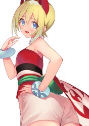 Rule 34 | 1girl, absurdres, ass, bare shoulders, blonde hair, blue eyes, blush, bracelet, breasts, creatures (company), game freak, hairband, highres, irida (pokemon), jewelry, looking at viewer, looking back, neck ring, nintendo, nishin (nsn 0822), open mouth, pokemon, pokemon legends: arceus, red hairband, red shirt, shirt, short hair, shorts, sidelocks, small breasts, smile, solo, strapless, strapless shirt, waist cape, white shorts