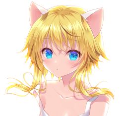Rule 34 | 1girl, animal ear fluff, animal ears, bare shoulders, blonde hair, blue eyes, blush, cat ears, collarbone, dress, final fantasy, final fantasy xiv, hair between eyes, highres, long hair, looking at viewer, minatsuki alumi, miqo&#039;te, parted lips, simple background, sleeveless, sleeveless dress, solo, strap slip, warrior of light (ff14), white background, white dress
