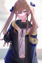 Rule 34 | 1girl, 404 (girls&#039; frontline), armband, black gloves, black jacket, black ribbon, black skirt, brown eyes, brown hair, closed mouth, commentary request, cowboy shot, crossed bangs, fingerless gloves, girls&#039; frontline, gloves, hair ribbon, head tilt, highres, jacket, long hair, looking at viewer, navel, neck ribbon, outstretched hand, parted bangs, pleated shirt, pleated skirt, ribbon, scar, scar across eye, scarf, shirt, sidelocks, skirt, smile, solo, twintails, ump9 (girls&#039; frontline), white shirt, yossi art