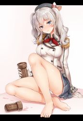 Rule 34 | 10s, 1girl, aldehyde, bare legs, barefoot, beret, blue eyes, blush, breasts, buttons, epaulettes, feet, female focus, gloves, hat, jacket, kantai collection, kashima (kancolle), kerchief, large breasts, long hair, looking at viewer, military, military uniform, miniskirt, panties, pantyshot, pleated skirt, silver hair, sitting, skirt, smile, solo, toes, tsurime, twintails, underwear, uniform, wavy hair, white gloves, white panties