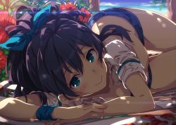 Rule 34 | 1girl, bad id, bad pixiv id, beach, beach chair, black hair, blue bow, blue eyes, blurry, blurry background, blush, bow, breasts, cleavage, closed mouth, denim, denim shorts, depth of field, flower, ganaha hibiki, hair bow, hibiscus, idolmaster, idolmaster (classic), lens flare, long hair, looking at viewer, lying, midriff, narumi arata, ocean, on side, outdoors, palm tree, petals, ponytail, shirt, short sleeves, shorts, small breasts, smile, solo, stomach, thigh gap, thighs, tree, white shirt, wristband