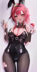 Rule 34 | 1girl, :3, :d, absurdres, alcohol, animal ears, bare shoulders, belt, black belt, black collar, black hairband, black leotard, black nails, breasts, cherry hair ornament, collar, covered navel, cowboy shot, crossed bangs, crown, cup, drinking glass, fake animal ears, food-themed hair ornament, gluteal fold, hair ornament, hairband, highleg, highleg leotard, highres, holding, holding chess piece, holding cup, large breasts, leotard, long hair, looking at viewer, mini crown, multicolored hair, nekota tsuna, open mouth, orange eyes, orange hair, pantyhose, playboy bunny, rabbit ears, red eyes, red hair, sanada nagi, shrug (clothing), side ponytail, smile, solo, strapless, strapless leotard, streaked hair, torn clothes, torn pantyhose, virtual youtuber, vspo!, wine, wine glass