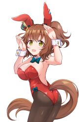 Rule 34 | 1girl, animal ears, armpits, arms up, ass, aston machan (umamusume), blush, breasts, commentary request, crown, detached collar, green eyes, hair ornament, highres, horse ears, horse tail, looking at viewer, medium breasts, open mouth, rabbit pose, simple background, solo, tail, tsukishima makoto, umamusume, white background