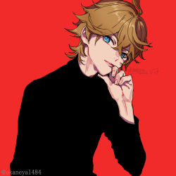 Rule 34 | 1boy, black sweater, blue eyes, brown hair, commentary request, dated, genshin impact, hand on own chin, long sleeves, looking at viewer, male focus, ojo aa, red background, short hair, signature, simple background, solo, sweater, tartaglia (genshin impact), turtleneck, turtleneck sweater, upper body