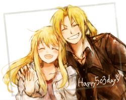 Rule 34 | 1boy, 1girl, blonde hair, coat, couple, edward elric, english text, closed eyes, framed, fullmetal alchemist, grin, hand on another&#039;s shoulder, happy, heart, husband and wife, jacket, long hair, open mouth, ponytail, simple background, smile, text focus, tsukuda0310, white background, winry rockbell
