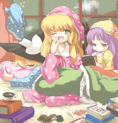 Rule 34 | 3girls, alice margatroid, bad id, bad pixiv id, bed, blonde hair, blue eyes, book, bookshelf, card, crescent, cup, female focus, hat, holding, holding book, kirisame marisa, long hair, lying, multiple girls, nightcap, nto (hir0sun), on stomach, one eye closed, open book, open mouth, pajamas, patchouli knowledge, pillow, purple hair, reading, red eyes, short hair, sitting, sleeping, sleepover, sleepy, teacup, touhou, window, witch, witch hat, yawning, yellow eyes
