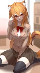 Rule 34 | 1girl, absurdres, animal ear fluff, animal ears, black thighhighs, blurry, blurry background, bow, bowtie, breasts, brown skirt, commentary request, commission, glasses, highres, iwashi 111, long hair, long sleeves, looking at viewer, medium breasts, open mouth, orange eyes, orange hair, original, over-rim eyewear, pixiv commission, pleated skirt, red-framed eyewear, red bow, red bowtie, school uniform, semi-rimless eyewear, sitting, skirt, smile, solo, tail, thighhighs, thighs, wariza, zettai ryouiki