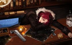 Rule 34 | 1boy, absurdres, alcohol, bar (place), black jacket, black nails, bottle, box, candle, closed mouth, commentary, counter, crown, cup, curtained hair, drinking glass, english commentary, facial mark, fur-trimmed jacket, fur trim, gun, handgun, head on table, highres, holostars, holostars english, ice, ice cube, jacket, jurard t rexford, lips, long sleeves, male focus, marble (stone), nail polish, official art, paper, parted bangs, red hair, short hair, sitting, sleeping, sleeve cuffs, smile, solo, tongs, upper body, virtual youtuber, watch, weapon, wine bottle, wristwatch, wz (woyzeck)