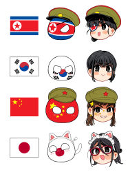 Rule 34 | 4girls, :&gt;, animal ears, black eyes, black hair, blunt bangs, blush, brown hair, cat ears, cat tail, countryball, eyepatch, fake animal ears, glasses, grin, hat, highres, japanese flag, medium hair, military hat, multiple girls, nanimonothing, north korean flag, open mouth, people&#039;s republic of china flag, sidelocks, simple background, smile, south korean flag, star (symbol), tail, teeth, white background