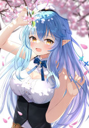 1girl, ahoge, arm up, bangs, belt, beret, black corset, blue hair, blue neckwear, blush, bow, bowtie, braid, breasts, brown belt, center frills, cherry blossoms, cleavage cutout, clothing cutout, corset, elf, eyebrows visible through hair, flower, frilled shirt, frills, hair between eyes, hair ornament, hat, heart ahoge, highres, hololive, leather belt, long hair, looking at viewer, multicolored hair, off shoulder, open mouth, pointy ears, saki (saki paint), shirt, sleeveless, sleeveless shirt, smile, snowflake hair ornament, solo, streaked hair, tree branch, underbust, very long hair, virtual youtuber, white headwear, white shirt, yellow eyes, yukihana lamy