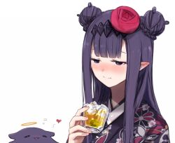 Rule 34 | 1girl, alcohol, blue eyes, blunt bangs, commentary, cup, diamond hairband, double bun, drinking glass, drunk, hair bun, halo, heart, hololive, hololive english, ice, ice cube, japanese clothes, kimono, long hair, mole, mole under eye, ninomae ina&#039;nis, ninomae ina&#039;nis (new year), octopus, pointy ears, print kimono, purple hair, shot glass, sidelocks, simple background, smile, straight hair, symbol-only commentary, takodachi (ninomae ina&#039;nis), very long hair, virtual youtuber, white background, yuuyu (777)