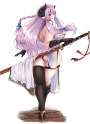 Rule 34 | 10s, 1girl, ass, black thighhighs, blue eyes, braid, breasts, brown gloves, cow girl, cow horns, curvy, draph, dress, elbow gloves, female focus, fingerless gloves, from behind, full body, gloves, granblue fantasy, hair ornament, hair over one eye, hairclip, high heels, horns, katana, large breasts, long hair, looking back, narmaya (granblue fantasy), panties, pointy ears, raycat, simple background, solo, standing, sword, thighhighs, underwear, walking, weapon, white background, wide hips