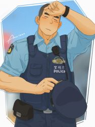 Rule 34 | 1boy, amaimao, bara, blush, buzz cut, closed eyes, cowboy shot, facial hair, feet out of frame, goatee stubble, highres, hot, male focus, original, police, police uniform, policeman, short hair, solo, standing, stubble, sweat, thick eyebrows, uniform, very short hair, wiping sweat