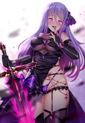 Rule 34 | 1girl, breasts, cameltoe, commentary request, corruption, dark persona, dress, finger to tongue, fingerless gloves, garter straps, gloves, glowing, glowing weapon, hair ornament, hand up, highleg, highleg panties, highres, holding, holding sword, holding weapon, long hair, looking at viewer, medium breasts, open mouth, panties, princess connect!, pubic tattoo, puririn, purple eyes, purple hair, revealing clothes, see-through, shizuru (princess connect!), solo, sword, tattoo, thighhighs, tongue, tongue out, underwear, weapon
