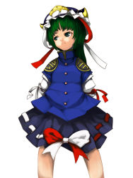 Rule 34 | 1girl, blue dress, buttons, closed mouth, dress, female focus, frills, from below, green eyes, green hair, hat, laboto, long sleeves, looking to the side, matching hair/eyes, mob cap, shiki eiki, short hair, simple background, smile, solo, touhou, white background