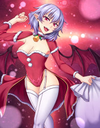 Rule 34 | 1girl, :d, aged up, bat wings, breasts, christmas, cleavage, fangs, fur-trimmed leotard, fur trim, garter straps, highres, leotard, light purple hair, looking at viewer, medium breasts, nail polish, no headwear, open mouth, pointy ears, red eyes, red nails, remilia scarlet, short hair, smile, solo, standing, teeth, thighhighs, touhou, white thighhighs, wings, zellam
