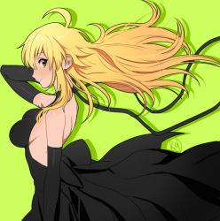 Rule 34 | 1girl, bad id, bad pixiv id, bare back, bare shoulders, black dress, black gloves, blonde hair, breasts, dress, elbow gloves, gloves, green background, green eyes, hoshii miki, idolmaster, idolmaster (classic), large breasts, long hair, looking at viewer, rod (rod4817), sideboob, simple background, smile, solo