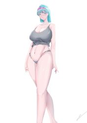 Rule 34 | 1girl, absurdres, alternate breast size, aqua eyes, aqua hair, bare legs, bare shoulders, blush, breasts, bulma, destiny123456, dragon ball, dragonball z, fingernails, grey panties, hairband, highres, large breasts, looking at viewer, micro panties, navel, panties, shiny skin, thong, underwear, underwear only, white background, wide hips
