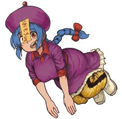 Rule 34 | 1girl, :d, absurdres, blue hair, bow, braid, braided ponytail, breasts, chanta (ayatakaoisii), dress, floating, full body, grey footwear, hair bow, hat, highres, jiangshi (chanta), large breasts, long hair, long sleeves, looking at viewer, ofuda, ofuda on clothes, open mouth, original, pants, purple dress, purple hat, red bow, red eyes, shoes, simple background, single braid, smile, solo, track pants, translation request, white background, yellow pants