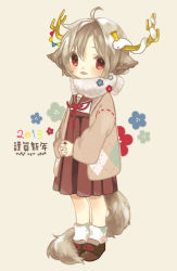 Rule 34 | animal ears, ch3, chibi, flower, happy new year, horns, looking at viewer, new year, red eyes, scarf, school uniform, shoes, short hair, simple background, standing, tail, white hair