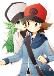 Rule 34 | 10s, 2boys, baseball cap, blue eyes, brown eyes, brown hair, creatures (company), game freak, green hair, hat, hilbert (pokemon), long hair, male focus, multiple boys, n (pokemon), nintendo, pokemon, pokemon bw, simple background, smile, tongue, tongue out, white background, yaoi