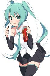Rule 34 | 1girl, :d, aqua eyes, aqua hair, aqua nails, aqua necktie, black skirt, black sleeves, black thighhighs, blush, collared shirt, commentary request, cowboy shot, detached sleeves, food, furuyama itaru, hatsune miku, highres, holding, holding food, long hair, looking at viewer, miniskirt, nail polish, necktie, open mouth, pocky, pocky day, shirt, simple background, skirt, smile, solo, thighhighs, twintails, very long hair, vocaloid, white background, white shirt, wing collar, zettai ryouiki