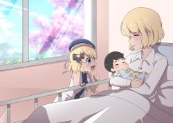 Rule 34 | 1boy, 2girls, absurdres, alternate costume, azur lane, bed, beret, black hair, blanket, blonde hair, blue eyes, blue headwear, blue ribbon, cherry blossoms, closed eyes, closed mouth, cloud, commander cool, commission, cross, hair ornament, hair ribbon, hat, highres, holding baby, hospital, hospital bed, iron cross, jewelry, medium hair, mother and daughter, mother and son, multiple girls, open mouth, red ribbon, ribbon, ring, shirt, short hair, sky, tears, wedding band, white ribbon, white shirt, z23 (azur lane)