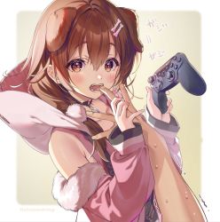 Rule 34 | 1girl, alternate costume, animal ears, biting, black choker, blush, bone hair ornament, brown eyes, brown hair, choker, commentary request, controller, detached sleeves, dog ears, dog girl, extra ears, finger biting, finger to another&#039;s mouth, game controller, hair between eyes, hair ornament, hands up, highres, holding, holding controller, holding game controller, hololive, hood, hood down, hooded jacket, inugami korone, inugami korone (loungewear), jacket, long hair, long sleeves, looking at viewer, official alternate costume, open mouth, pink jacket, pov, shuri (84k), simple background, sweat, teeth, translation request, twitter username, upper body, virtual youtuber