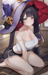 Rule 34 | 1girl, absurdres, alternate breast size, bare shoulders, black hair, black shorts, book, breasts, camisole, cleavage, closed mouth, collarbone, genshin impact, green eyes, haku (liiixixixiii), hat, highres, holding, holding book, large breasts, long hair, mona (genshin impact), raised eyebrows, short shorts, shorts, sitting, solo, strap slip, thighs, twintails, very long hair, white camisole, witch hat, wooden floor