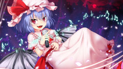 Rule 34 | 1girl, :d, absurdres, back bow, bat wings, blue hair, blush, bow, commentary request, fang, fingernails, frilled cuffs, hat, hat ribbon, highres, holding, holding microphone, long fingernails, long skirt, looking at viewer, microphone, mob cap, music, musical note, open mouth, pink shirt, puffy short sleeves, puffy sleeves, red bow, red eyes, red nails, red ribbon, remilia scarlet, ribbon, sharp fingernails, shirt, short hair, short sleeves, singing, skirt, slit pupils, smile, solo, touhou, umarutsufuri, v-shaped eyebrows, white hat, white skirt, white wrist cuffs, wings, wrist cuffs