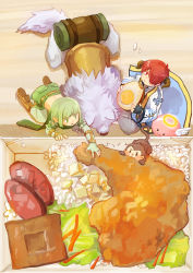 Rule 34 | 1boy, 1girl, angel wings, angeling, arch bishop (ragnarok online), belt, black gloves, blue coat, boots, brown belt, brown footwear, brown horns, chicken (food), closed mouth, coat, commentary request, eating, fingerless gloves, food, fried chicken, full body, gloves, green eyes, green gloves, green hair, green pantyhose, green scarf, green shorts, halo, hardboiled egg, horns, jacket, long sleeves, looking at food, monkey, open mouth, oversized food, oversized object, pants, pantyhose, pointy ears, ragnarok online, ranger (ragnarok online), red eyes, red hair, rice, scarf, short hair, shorts, slime (creature), thighhighs, white jacket, white pants, wings, wolf, yoyo (ragnarok online), zhi xie