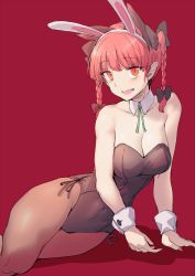 Rule 34 | 1girl, animal ears, bare shoulders, blush, bow, braid, breasts, brown pantyhose, cat ears, cleavage, covered navel, detached collar, extra ears, fake animal ears, fangs, geppewi, hair bow, hair ornament, kaenbyou rin, leotard, looking at viewer, lying, on side, one-hour drawing challenge, open mouth, pantyhose, playboy bunny, rabbit ears, red background, red eyes, red hair, short hair, simple background, slit pupils, smile, solo, touhou, twin braids, wrist cuffs