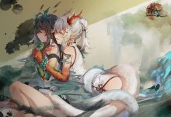Rule 34 | 2girls, aqua hair, arknights, bare legs, bare shoulders, bead bracelet, beads, black hair, blush, bracelet, braid, brown eyes, china dress, chinese clothes, closed mouth, dragon girl, dragon horns, dragon tail, dress, dusk (arknights), earrings, from side, gradient hair, gradient skin, highres, horns, hug, hug from behind, ink, jewelry, long hair, looking to the side, moyu marginal, multicolored hair, multiple girls, nian (arknights), nian (unfettered freedom) (arknights), official alternate costume, parted lips, pointy ears, ponytail, red eyes, siblings, side braid, sidelocks, signature, silver hair, sisters, sitting, sleeveless, sleeveless dress, smile, tail, tassel, very long hair, white dress, yuri