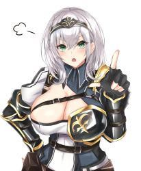 Rule 34 | 1girl, armor, black gloves, breasts, cleavage, commentary request, fingerless gloves, gauntlets, gloves, green eyes, hand on own hip, highres, hololive, index finger raised, large breasts, mole, mole on breast, open mouth, scolding, shirogane noel, shirogane noel (1st costume), short hair, silver hair, simple background, skindentation, solo, virtual youtuber, watarase piro, white background