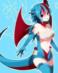 Rule 34 | 1girl, animal ears, bare shoulders, blue hair, blue thighhighs, breasts, choker, collarbone, creatures (company), elbow gloves, female focus, game freak, gen 3 pokemon, gloves, highres, long hair, looking at viewer, multicolored hair, navel, nintendo, open mouth, personification, pokedex number, pokemon, red eyes, red hair, salamence, solo, standing, tail, takeshima eku, thighhighs, underboob, wings