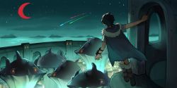 Rule 34 | 1girl, amphibia, black hair, boots, building, cape, crescent moon, from behind, highres, jocy3, marcy wu, moon, night, night sky, red moon, reflection, shadow, short hair, short sleeves, sky, solo, star (sky), starry sky, water, wide shot