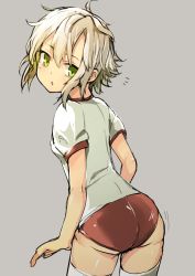 Rule 34 | 1girl, ass, breasts, buruma, cowboy shot, eiyuu densetsu, falcom, female focus, fie claussell, from behind, green eyes, grey background, gym uniform, katsudansou, leaning forward, looking back, open mouth, sen no kiseki, short hair, simple background, sketch, small breasts, solo, thighhighs, white hair, white thighhighs
